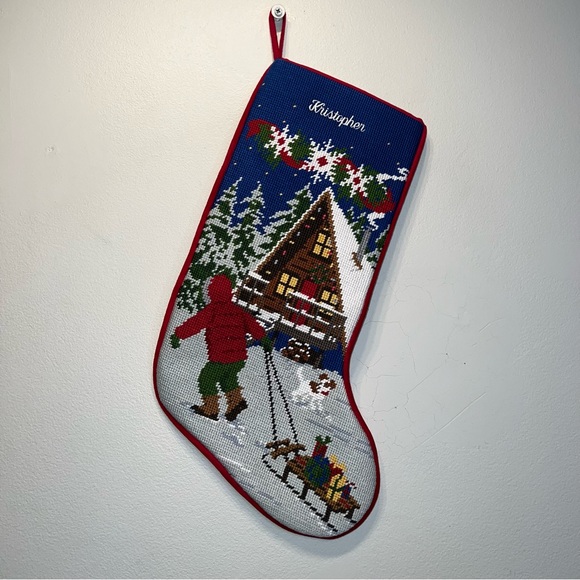 L L Bean Needlepoint Christmas Stocking Snow Cabin Sled "Kristopher" Embroidery - Picture 1 of 6